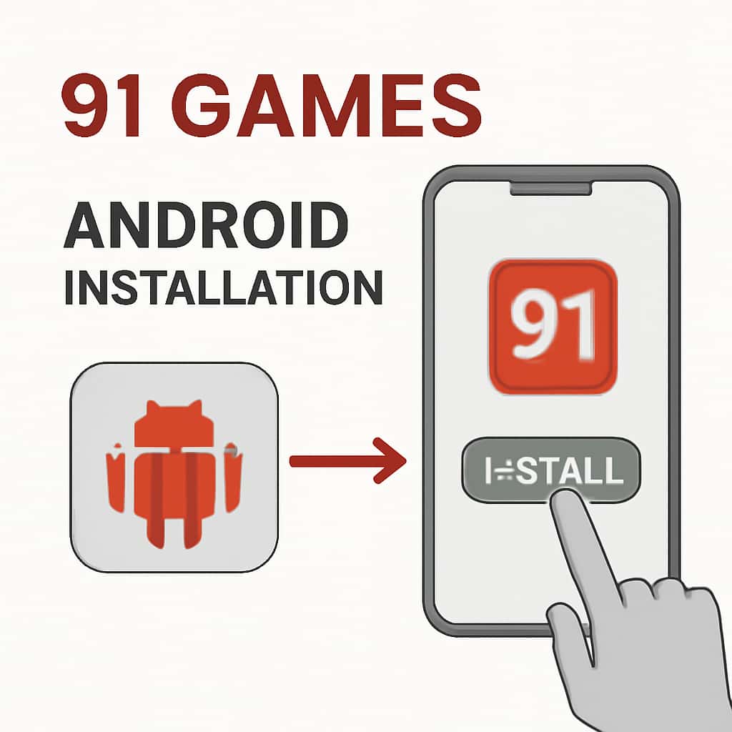 An educational illustration about the steps to install 91 Games on Android.